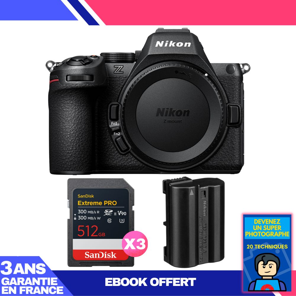 Nikon Z5 II Camera Body + 3 SanDisk 512GB Extreme PRO UHS-II SDXC Cards + Nikon EN-EL15c Battery + 'Become a Super Photographer' Ebook