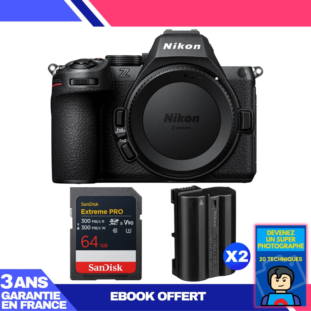 Nikon Z5 II Mirrorless Camera + 1 SanDisk 64GB Extreme PRO UHS-II SDXC + 2 EN-EL15c Batteries + Ebook 'Become a Super Photographer'