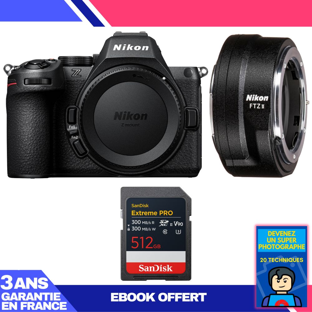Appareil photo hybride Nikon Z5 II + adaptateur FTZ II + carte SDXC SanDisk 512 Go Extreme PRO UHS-II + ebook 'Devenez un photographe exceptionnel