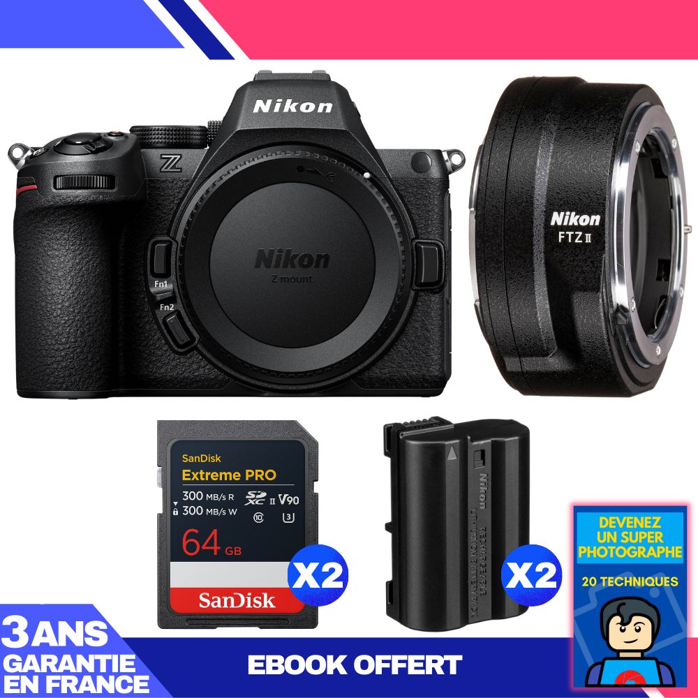 Nikon Z5 II Camera Body + FTZ II Adapter + 2 SanDisk 64GB Extreme PRO UHS-II SDXC Cards + 2 Nikon EN-EL15c Batteries + Ebook 'Become a Super Photographer'