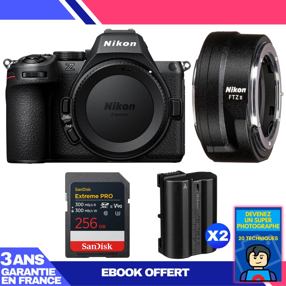 Nikon Z5 II Mirrorless Camera + FTZ II Adapter + 1 SanDisk 256GB Extreme PRO UHS-II SDXC Card + 2 Nikon EN-EL15c Batteries + Ebook: Become a Super Photographer