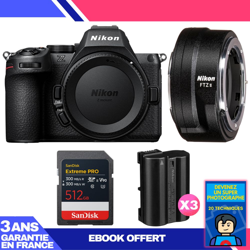Nikon Z5 II Camera Body + FTZ II Adapter + 1 SanDisk 512GB Extreme PRO UHS-II SDXC Card + 3 Nikon EN-EL15c Batteries + Ebook 'Become a Super Photographer