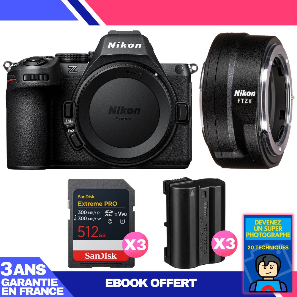Nikon Z5 II Camera Body + FTZ II Adapter + 3 SanDisk 512GB Extreme PRO UHS-II SDXC Cards + 3 Nikon EN-EL15c Batteries + Ebook: Become a Super Photographer