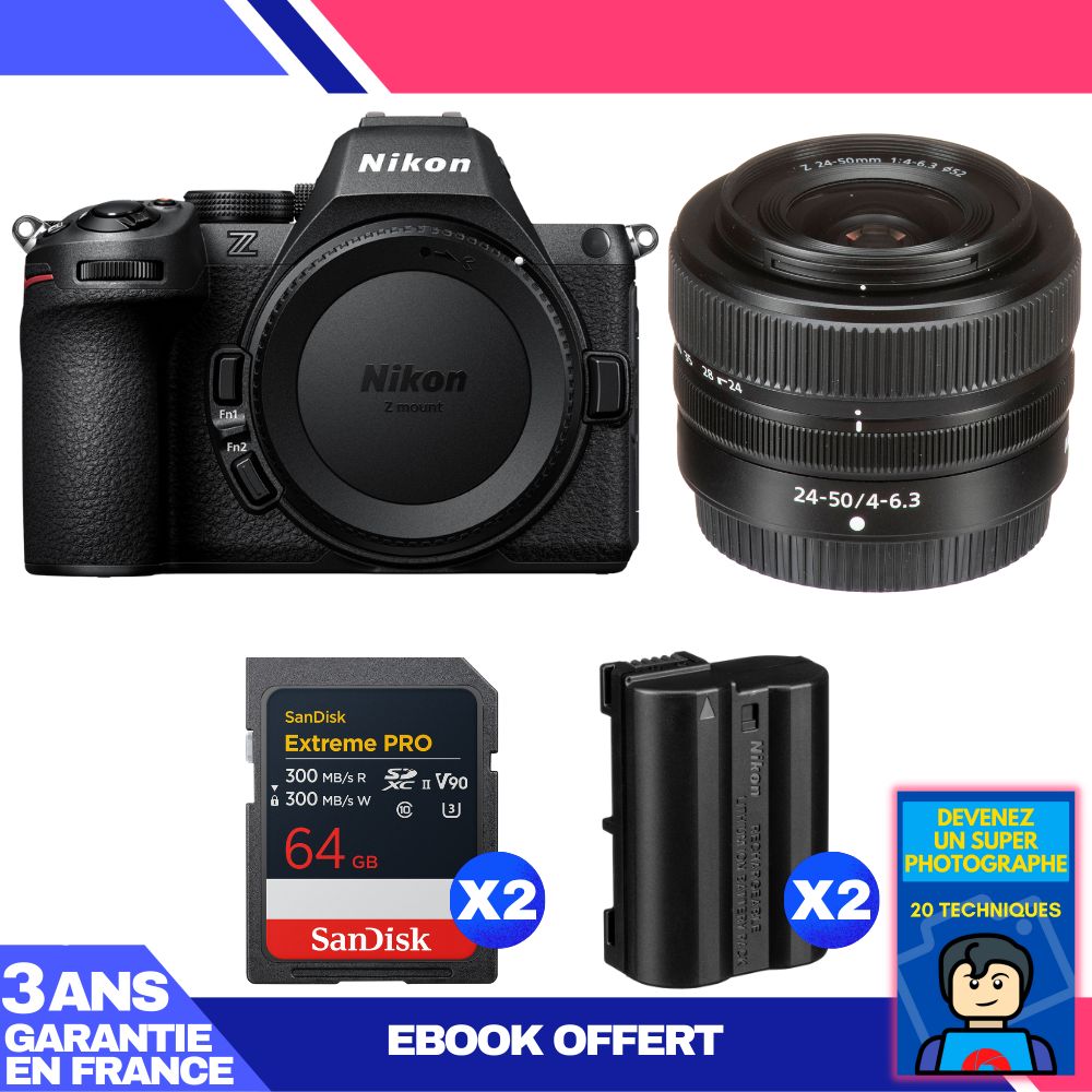 Nikon Z5 II Kit with 24-50mm f/4-6.3 Lens + 2 SanDisk 64GB Extreme PRO UHS-II SDXC + 2 Nikon EN-EL15c + Ebook