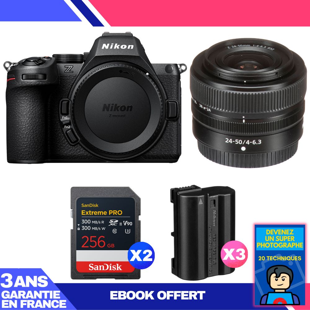 Nikon Z5 II Kit with 24-50mm f/4-6.3 Lens + 2 SanDisk 256GB Extreme PRO UHS-II SDXC Cards + 3 Nikon EN-EL15c Batteries + Ebook 'Become a Super Photographer'