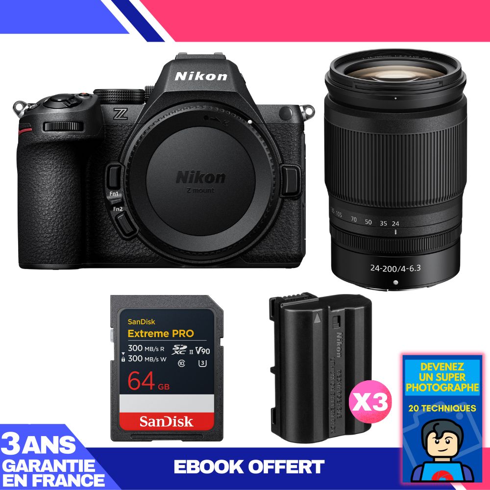 Nikon Z5 II Camera Kit with 24-200mm f/4-6.3 VR Lens + 1x 64GB SanDisk Extreme PRO UHS-II SDXC + 3 x EN-EL15c Batteries + Ebook 'Become a Super Photographer'