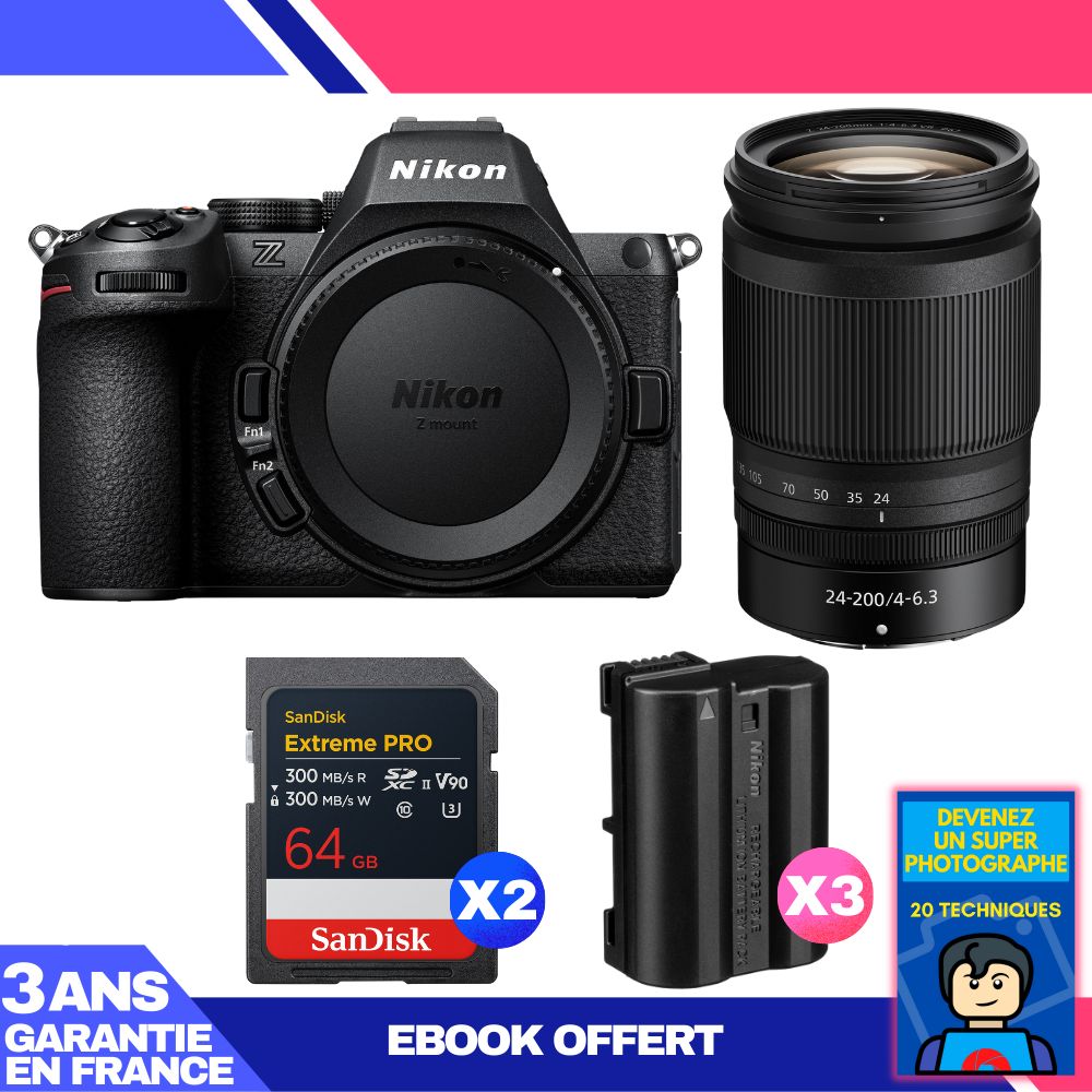 Nikon Z5 II Kit with 24-200mm f/4-6.3 VR Lens + 2x 64GB SanDisk Extreme PRO UHS-II SDXC Cards + 3x EN-EL15c Batteries + Ebook: 'Become a Super Photographer'
