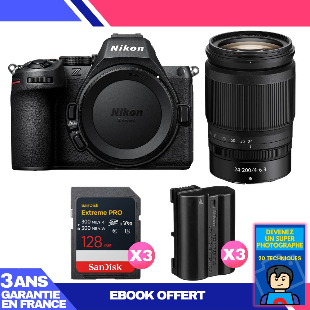 Nikon Z5 II Kit with 24-200mm f/4-6.3 VR Lens + 3 SanDisk 128GB Extreme PRO UHS-II SDXC Cards + 3 Nikon EN-EL15c Batteries + Ebook 'Become a Super Photographer'
