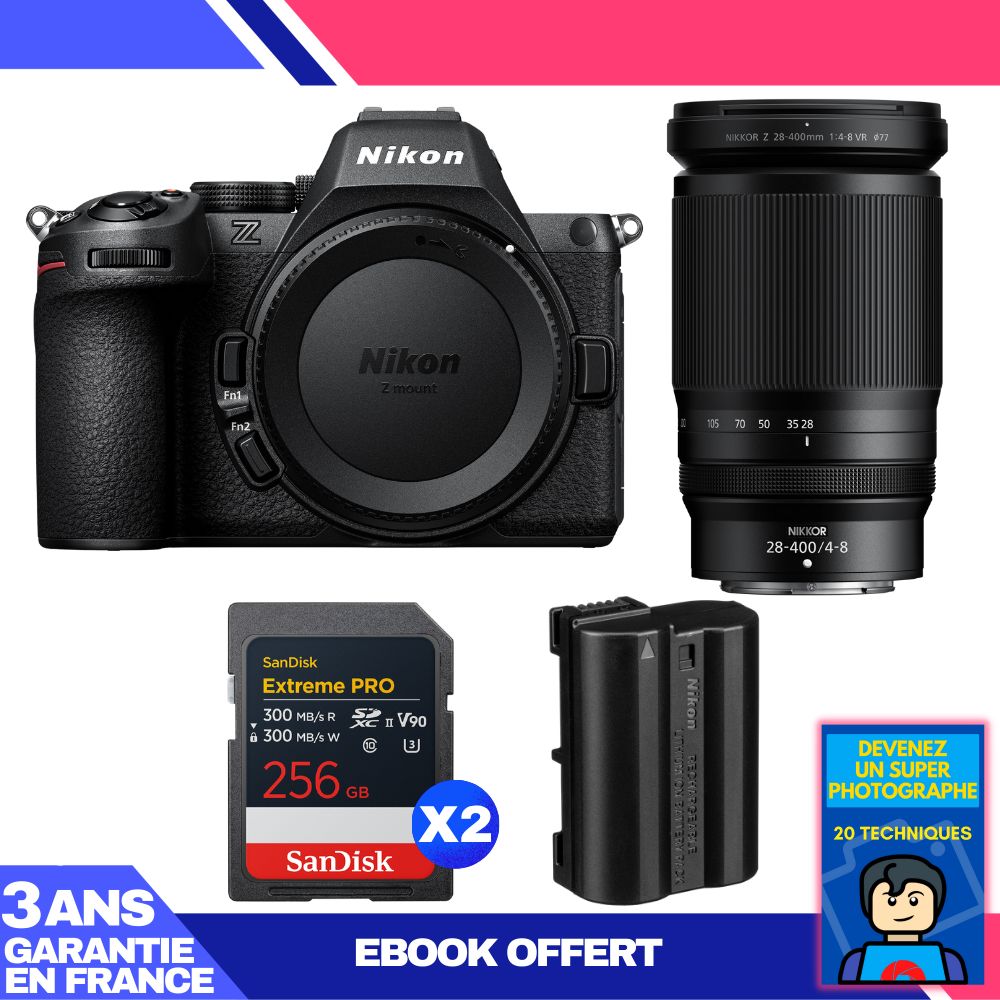 Nikon Z5 II Kit with 28-400mm f/4-8 VR Lens + 2 SanDisk 256GB Extreme PRO UHS-II SDXC Cards + Nikon EN-EL15c Battery + Ebook