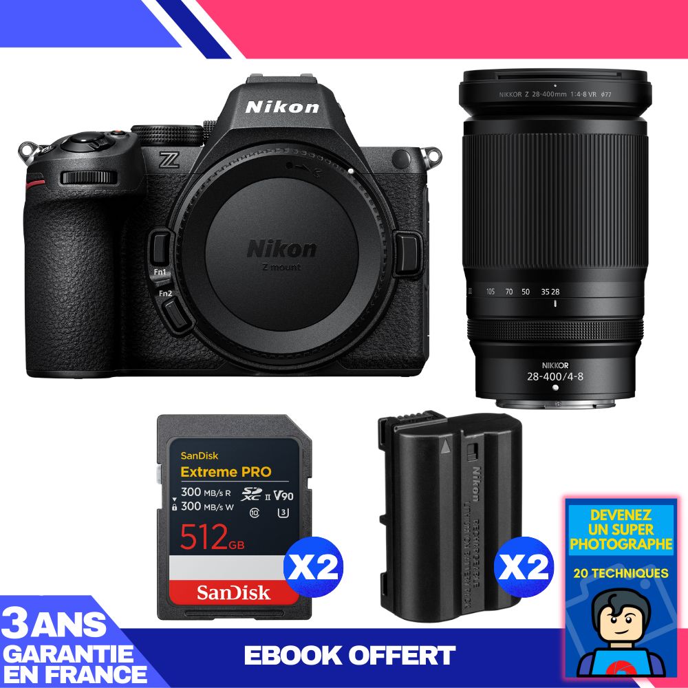 Nikon Z5 II Kit with 28-400mm f/4-8 VR Lens + 2 SanDisk 512GB Extreme PRO UHS-II SDXC Cards + 2 Nikon EN-EL15c Batteries + Ebook