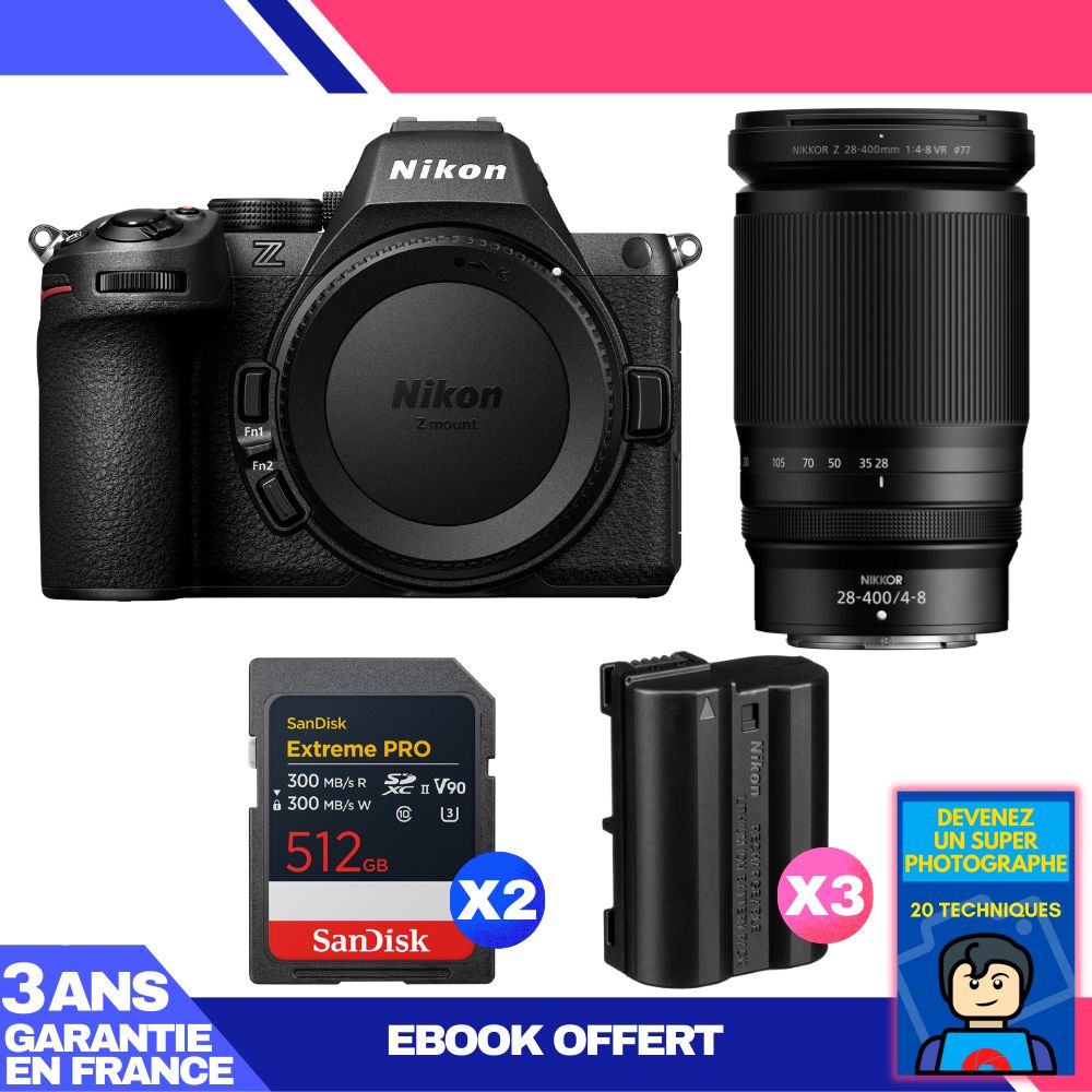 Nikon Z5 II Kit with 28-400mm f/4-8 VR Lens + 2 SanDisk 512GB Extreme PRO UHS-II SDXC Cards + 3 Nikon EN-EL15c Batteries + 'Become a Super Photographer Ebook