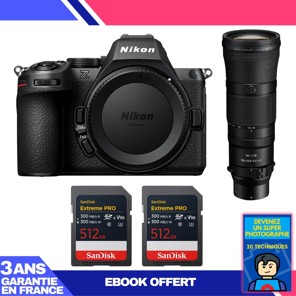 Nikon Z5 II Kit with 180-600mm f/5.6-6.3 VR and 2x 512GB SanDisk Extreme PRO UHS-II SDXC + Ebook: Become a Super Photographer
