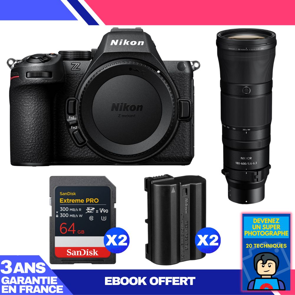 Nikon Z5 II Kit with 180-600mm f/5.6-6.3 VR and 2x 64GB SanDisk Extreme PRO UHS-II SDXC Cards + 2 EN-EL15c Batteries + Ebook: Become a Super Photographer