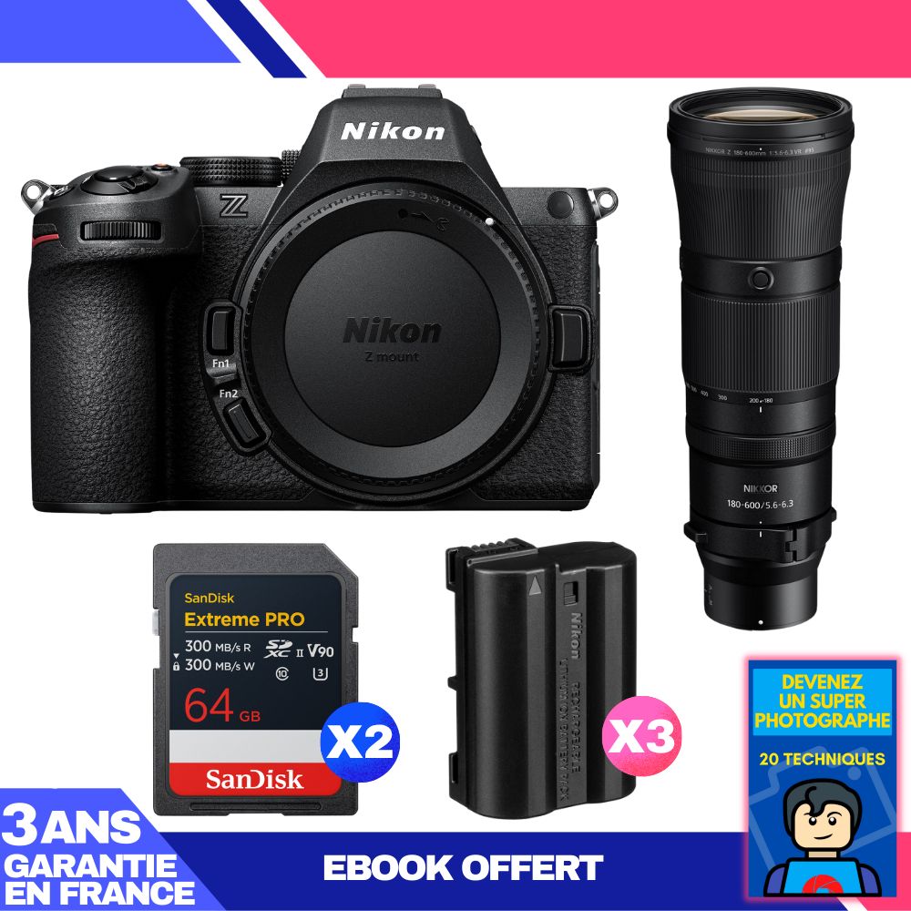 Nikon Z5 II Kit with 180-600mm f/5.6-6.3 VR and 2x 64GB SanDisk Extreme PRO UHS-II SDXC + 3 EN-EL15c Batteries + Ebook