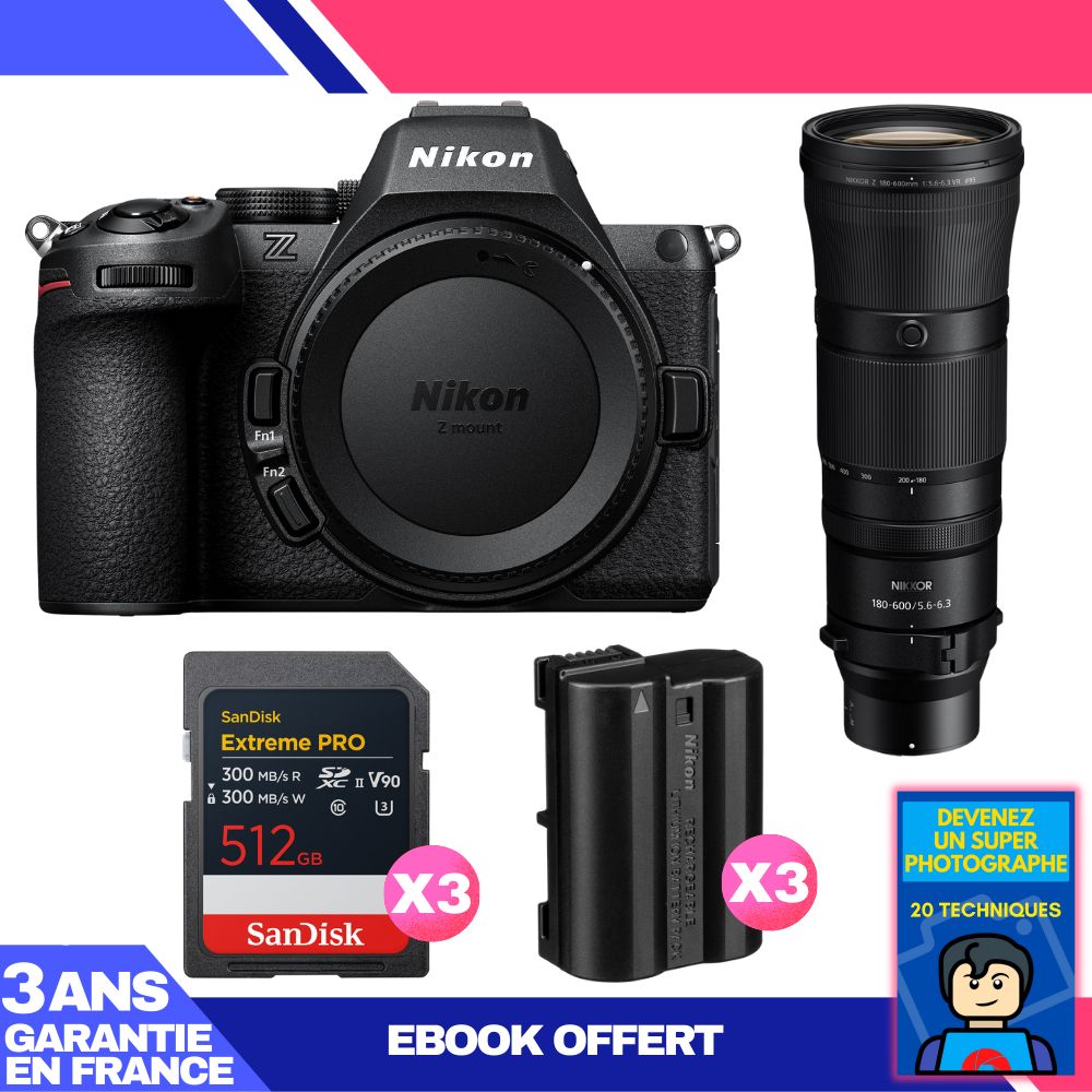 Nikon Z5 II Kit + 180-600mm f/5.6-6.3 VR + 3x 512GB SanDisk Extreme PRO UHS-II SDXC + 3x Nikon EN-EL15c + Ebook 'Devenez Un Super Photographe