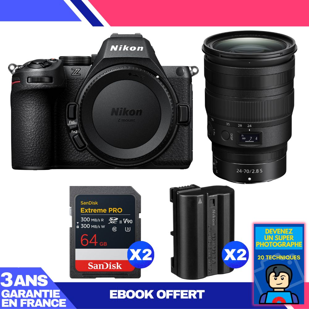 Nikon Z5 II Kit with 24-70mm f/2.8 S Lens + 64GB SanDisk Extreme PRO UHS-II SDXC (2 Cards) + EN-EL15c Batteries + Ebook