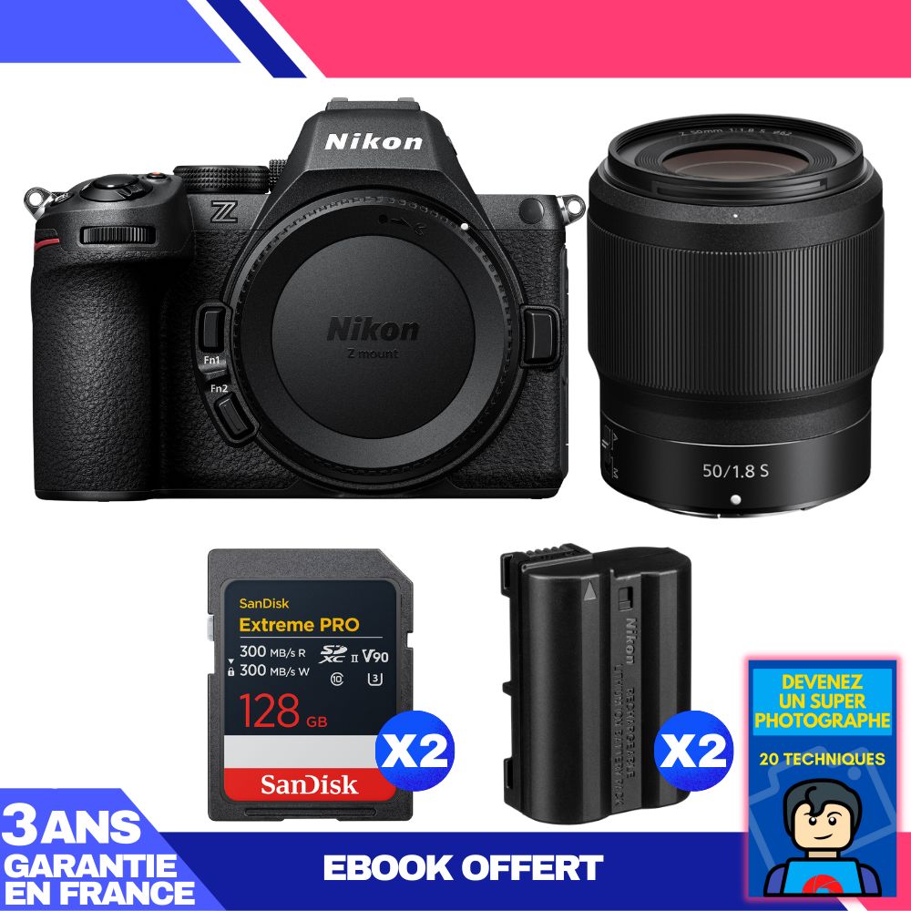 Nikon Z5 II Mirrorless Camera + 50mm f/1.8 S Lens + 2 SanDisk 128GB Extreme PRO UHS-II SDXC Cards + 2 Nikon EN-EL15c Batteries + Ebook 'Become a Super Photographer', 24.5MP, 4K 60p Video