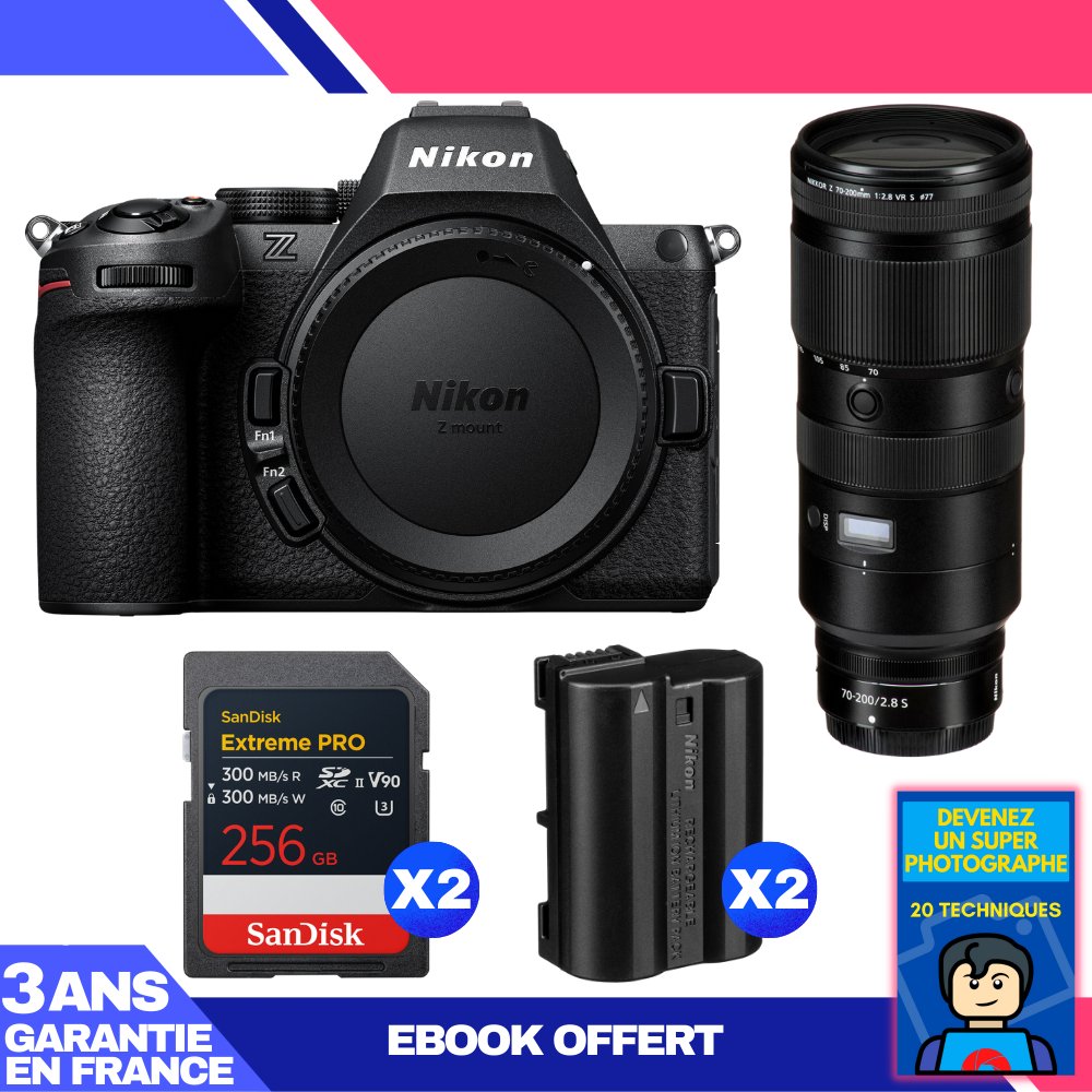 Nikon Z5 II Kit with 70-200mm f/2.8 VR S Lens + 2x 256GB SanDisk Extreme PRO UHS-II SDXC Cards + 2x Nikon EN-EL15c Batteries + Ebook: Become a Super Photographer