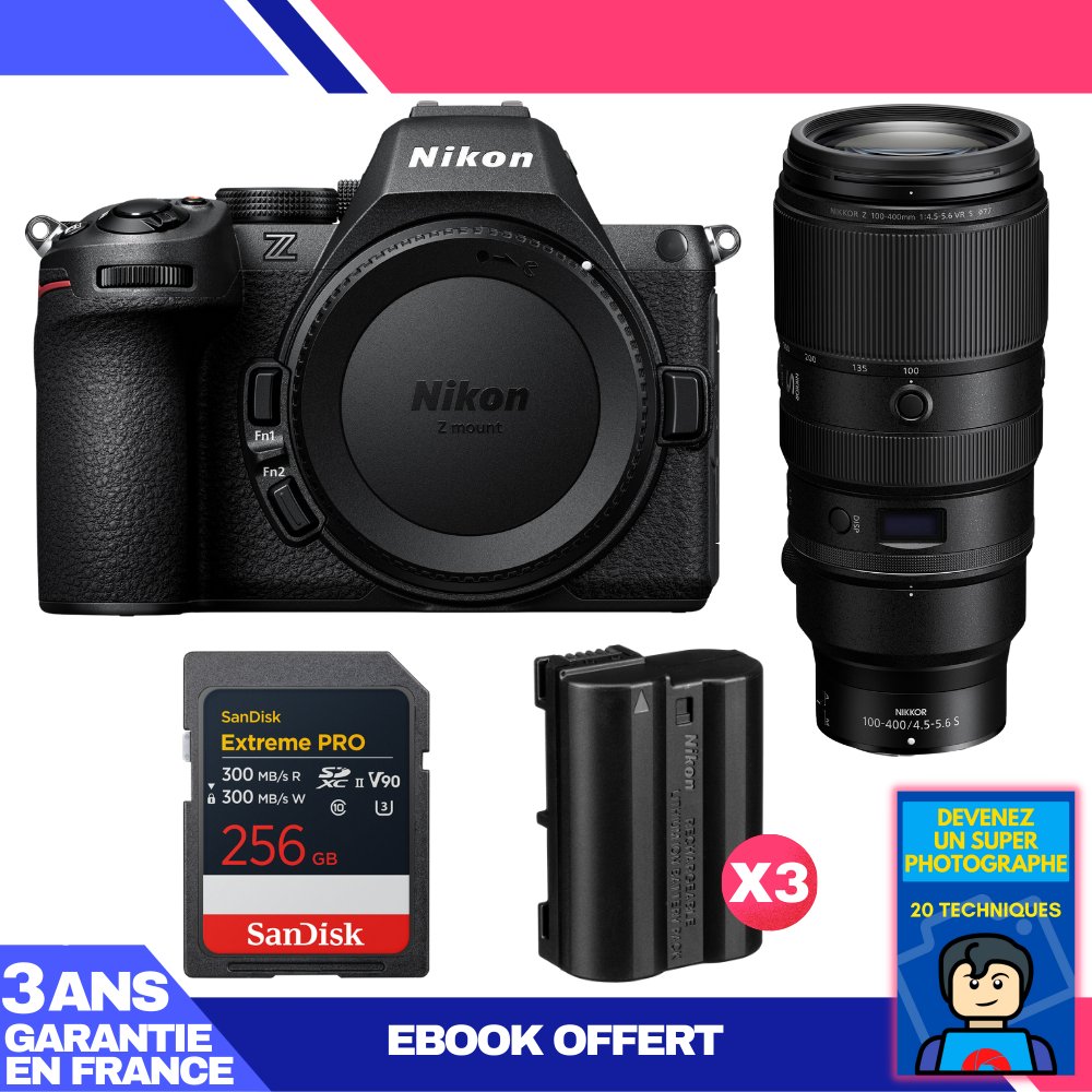 Nikon Z5 II Kit with 100-400mm f/4.5-5.6 VR S and SanDisk 256GB Extreme PRO UHS-II SDXC (3x Nikon EN-EL15c + Ebook 'Devenez Un Super Photographe')