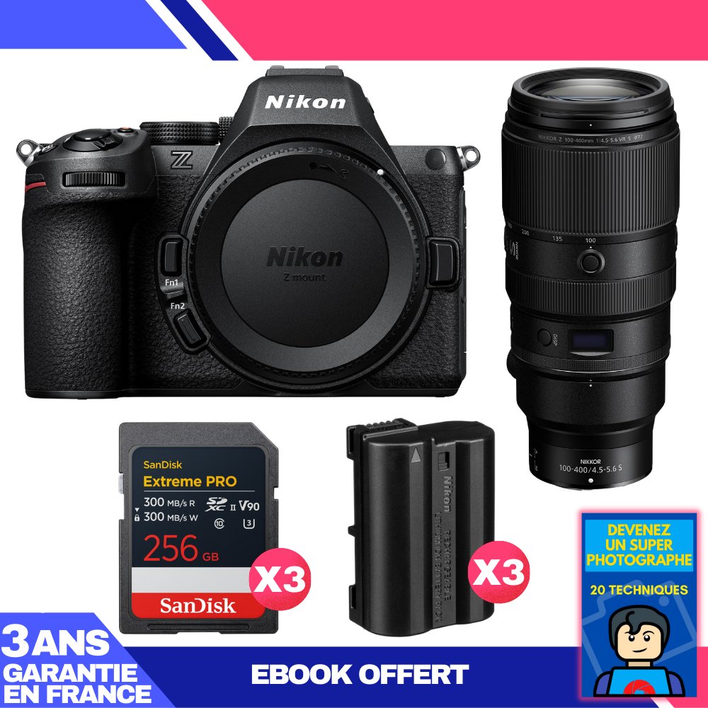 Nikon Z5 II + 100-400mm f/4.5-5.6 VR S Lens + 3 SanDisk 256GB Extreme PRO UHS-II SDXC + 3 Nikon EN-EL15c Batteries + Ebook 'Become a Super Photographer'