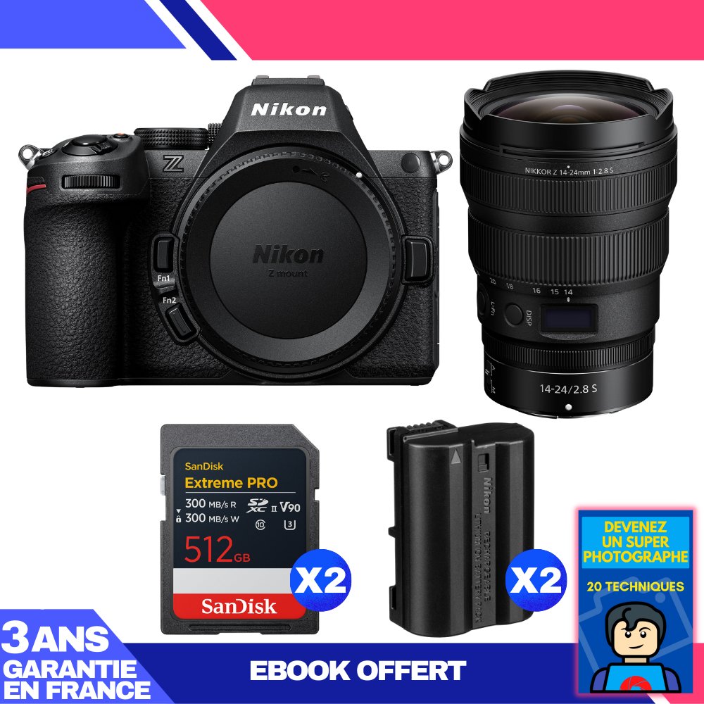 Nikon Z5 II Kit with 14-24mm f/2.8 S Lens + 2x 512GB SanDisk Extreme PRO UHS-II SDXC Cards + 2x Nikon EN-EL15c Batteries + Ebook: Become a Super Photographer
