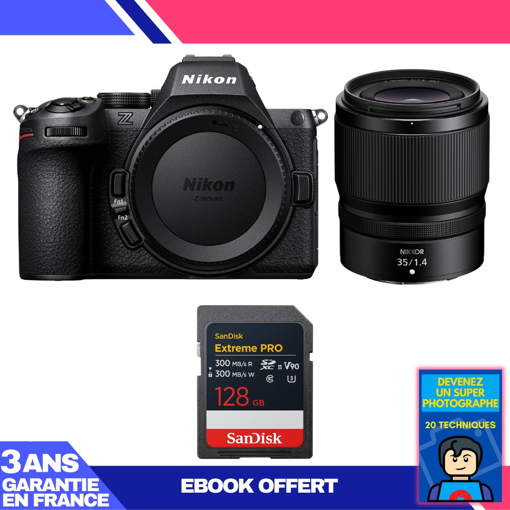 Kit Nikon Z5 II + Objectif 35mm f/1.4 + Carte SanDisk 128 Go Extreme PRO UHS-II SDXC + Ebook 'Devenez un Photographe Expert'