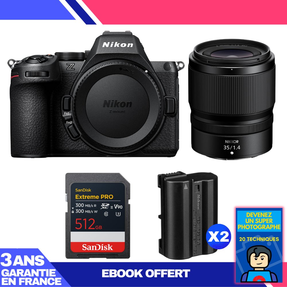 Kit Nikon Z5 II sans miroir avec objectif 35 mm f/1,4 + carte SD Sandisk 512 Go Extreme PRO UHS-II + 2 batteries EN-EL15c + ebook 'Devenez un super photographe'
