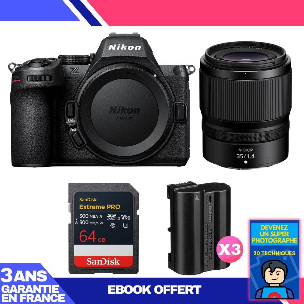 Kit Nikon Z5 II + Objectif 35mm f/1.4 + 1x Carte SD 64 Go SanDisk Extreme PRO UHS-II + 3 Batteries Nikon EN-EL15c + Ebook 'Devenez un Super Photographe'