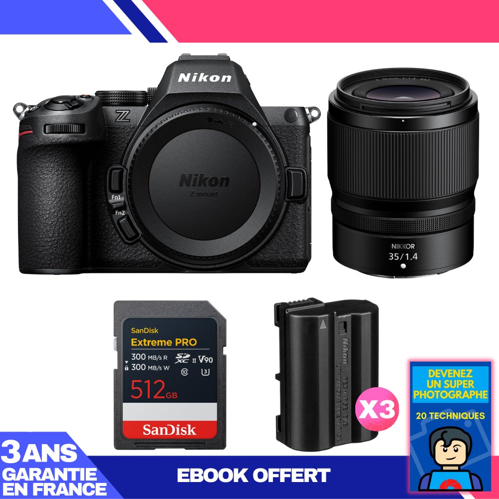 Kit Nikon Z5 II sans miroir avec objectif 35 mm f/1.4 + carte SD 512 Go Sandisk + 3 batteries EN-EL15c + ebook