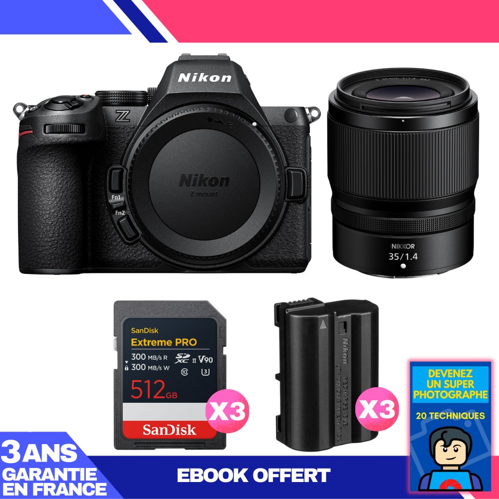 Nikon Z5 II Kit: 24.3MP Full-Frame Camera + 35mm f/1.4 Lens + 3 SanDisk 512GB Extreme PRO SD Cards + 3 EN-EL15c Batteries + Ebook
