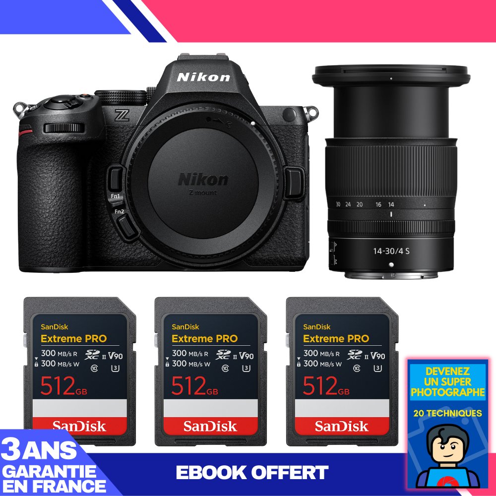 Nikon Z5 II Kit with 14-30mm f/4 S Lens and 3x 512GB SanDisk Extreme PRO UHS-II SDXC Cards + Ebook: Become a Super Photographer