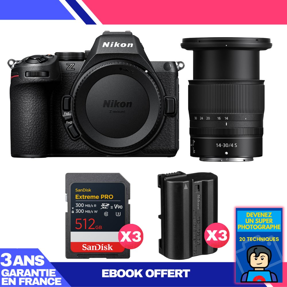 Nikon Z5 II Kit + 14-30mm f/4 S Lens + 3 SanDisk 512GB Extreme PRO UHS-II SDXC Cards + 3 Nikon EN-EL15c Batteries + Ebook 'Devenez Un Super Photographe