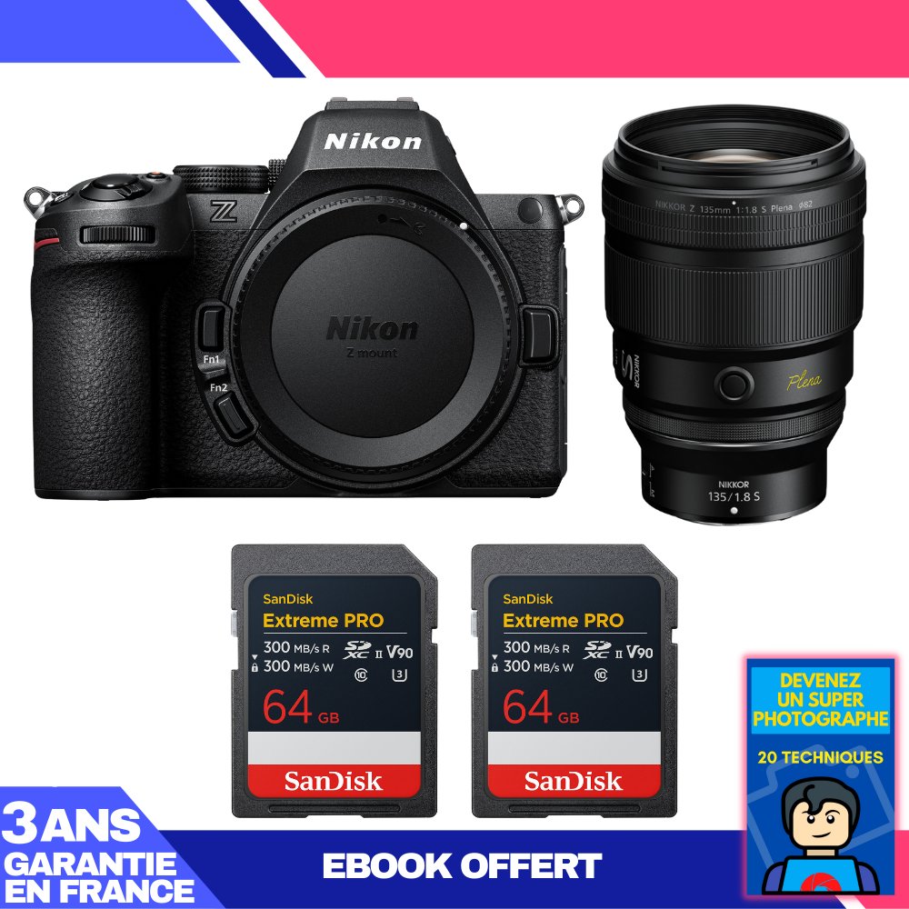 Nikon Z5 II Camera + 135mm f/1.8 S Lens + 2x 64GB SanDisk Extreme PRO UHS-II SDXC Cards + 'Become a Super Photographer' Ebook