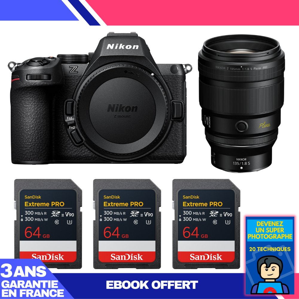 Nikon Z5 II Camera + 135mm f/1.8 S Lens + 3 SanDisk 64GB Extreme PRO SD Cards + 'Become a Super Photographer' Ebook