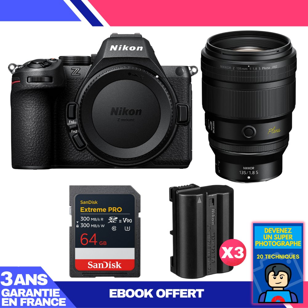 Nikon Z5 II Camera + 135mm f/1.8 S Lens + 1 SanDisk 64GB Extreme PRO UHS-II SDXC + 3 Nikon EN-EL15c Batteries + Ebook 'Become a Super Photographer'