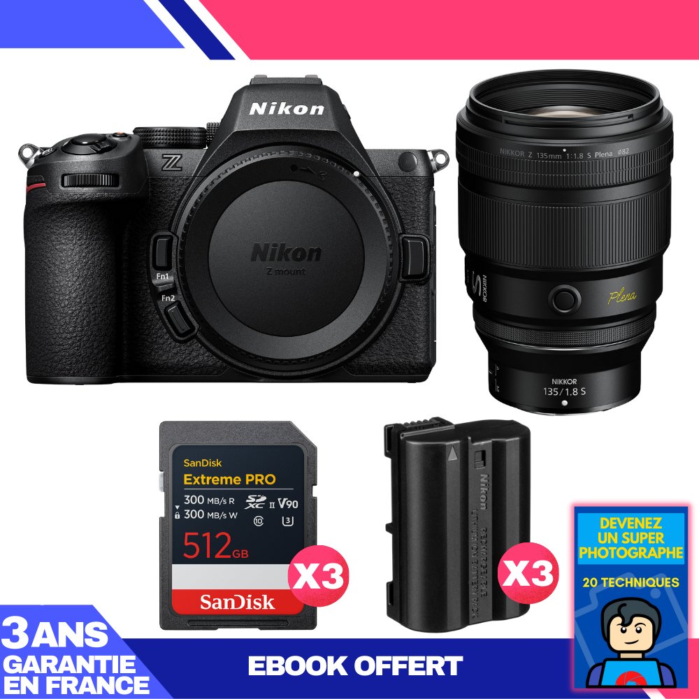 Nikon Z5 II Body + 135mm f/1.8 S Lens + 3x 512GB SanDisk Extreme PRO UHS-II SDXC Cards + 3 Nikon EN-EL15c Batteries + Ebook 'Become a Super Photographer'