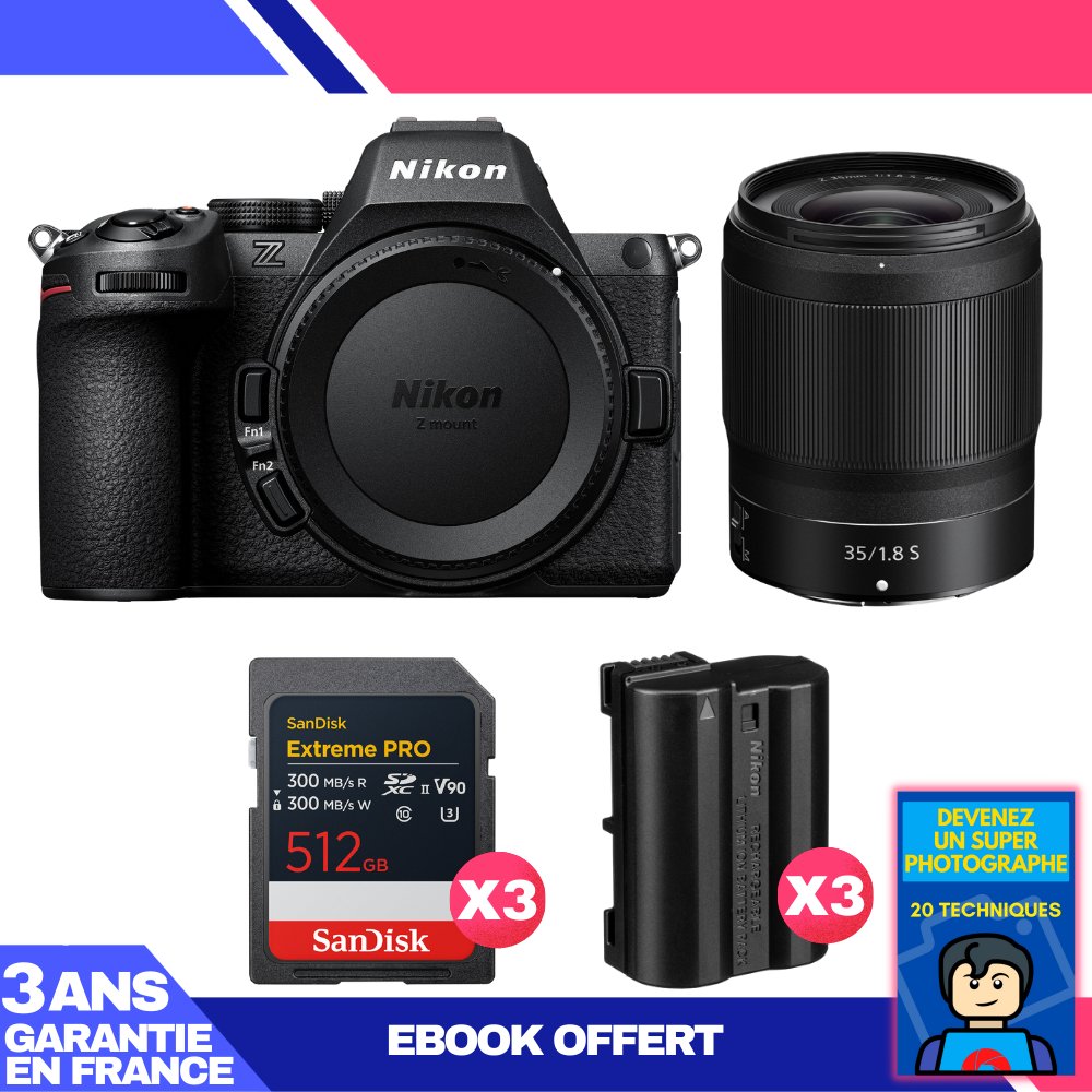 Nikon Z5 II Camera + 35mm f/1.8 S Lens + 3 SanDisk 512GB Extreme PRO UHS-II SDXC Cards + 3 Nikon EN-EL15c Batteries + Ebook 'Become a Super Photographer'