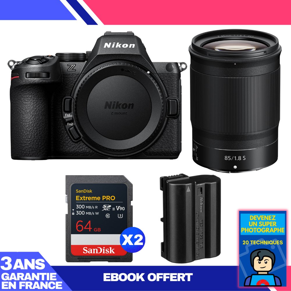 Nikon Z5 II Camera + 85mm f/1.8 S Lens + 2x 64GB SanDisk Extreme PRO UHS-II SDXC + EN-EL15c Battery + Ebook 'Become a Super Photographer