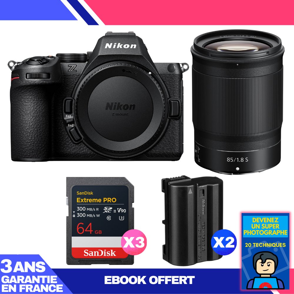 Nikon Z5 II Mirrorless Camera + 85mm f/1.8 S Lens + 3 SanDisk 64GB Extreme PRO UHS-II SDXC Cards + 2 Nikon EN-EL15c Batteries + Ebook 'Become a Super Photographer'