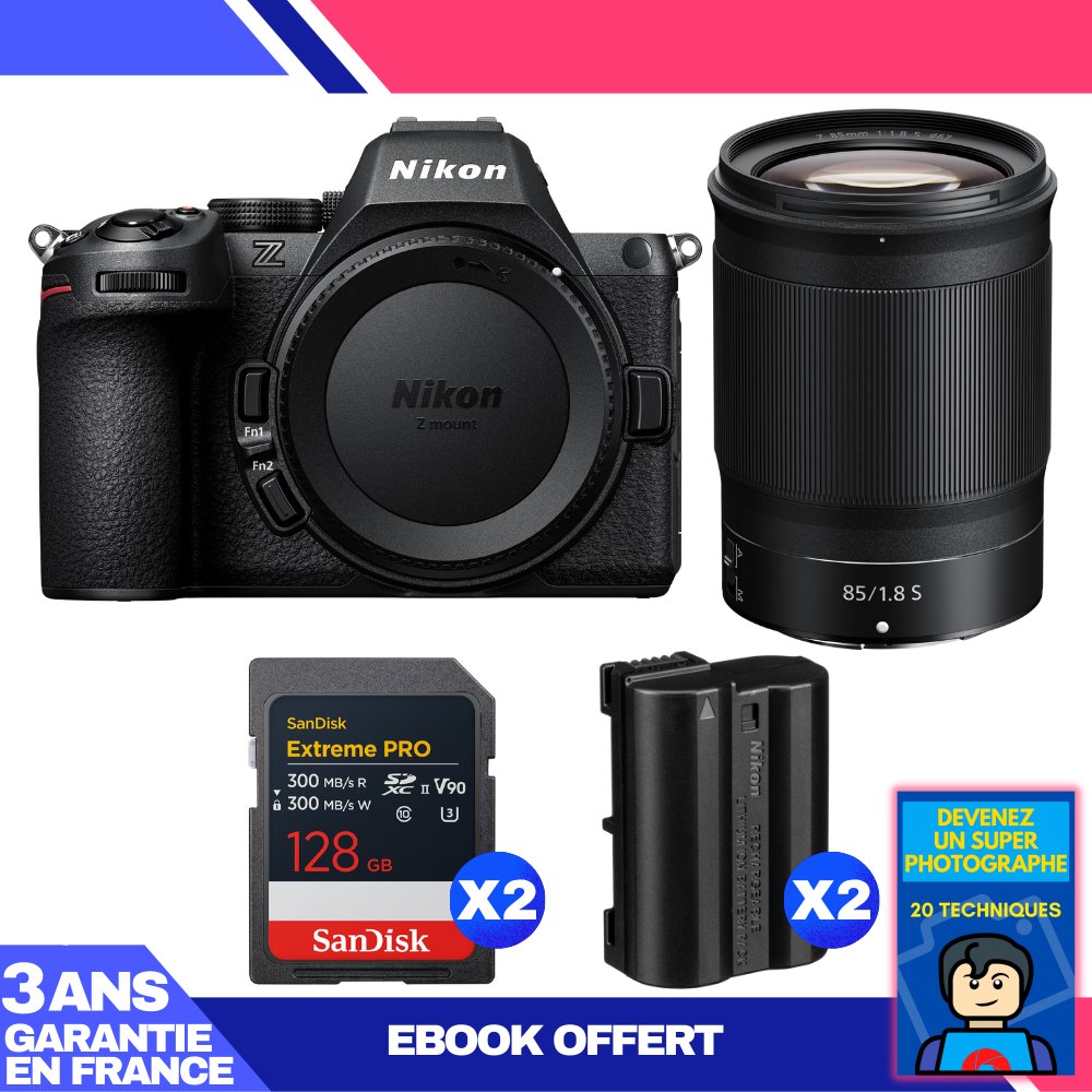 Nikon Z5 II Camera + 85mm f/1.8 S Lens + 2x 128GB SanDisk Extreme PRO UHS-II SDXC Cards + 2x Nikon EN-EL15c Batteries + Ebook