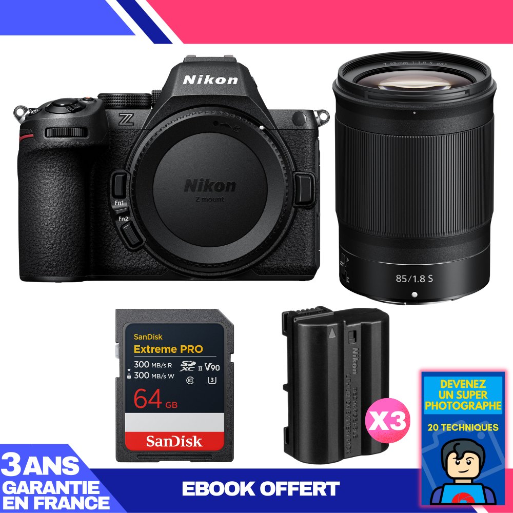 Nikon Z5 II Camera + 85mm f/1.8 S Lens + 64GB SanDisk Extreme PRO UHS-II SDXC + 3 Nikon EN-EL15c Batteries + 'Become a Super Photographer' Ebook