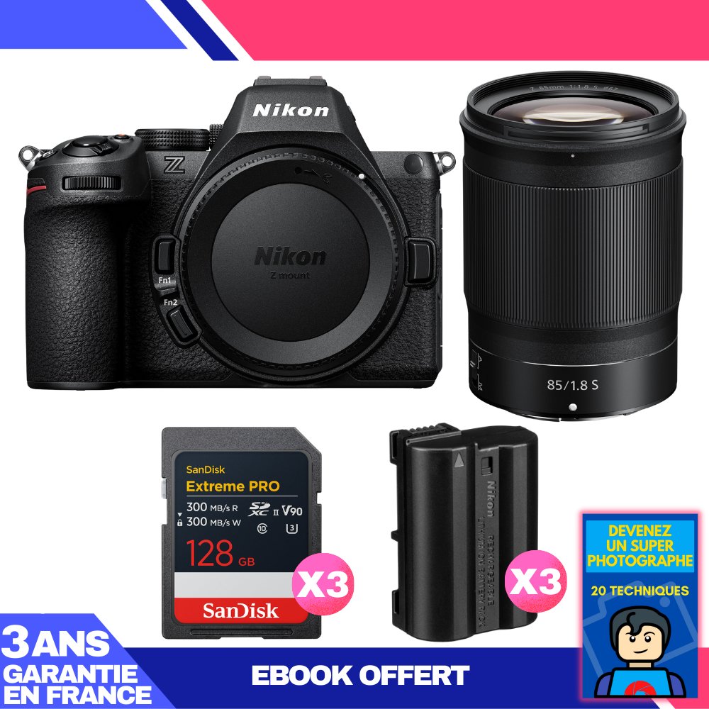 Nikon Z5 II Mirrorless Camera + 85mm f/1.8 S Lens + 3 SanDisk 128GB Extreme PRO UHS-II SDXC Cards + 3 Nikon EN-EL15c Batteries + Ebook 'Become a Super Photographer'