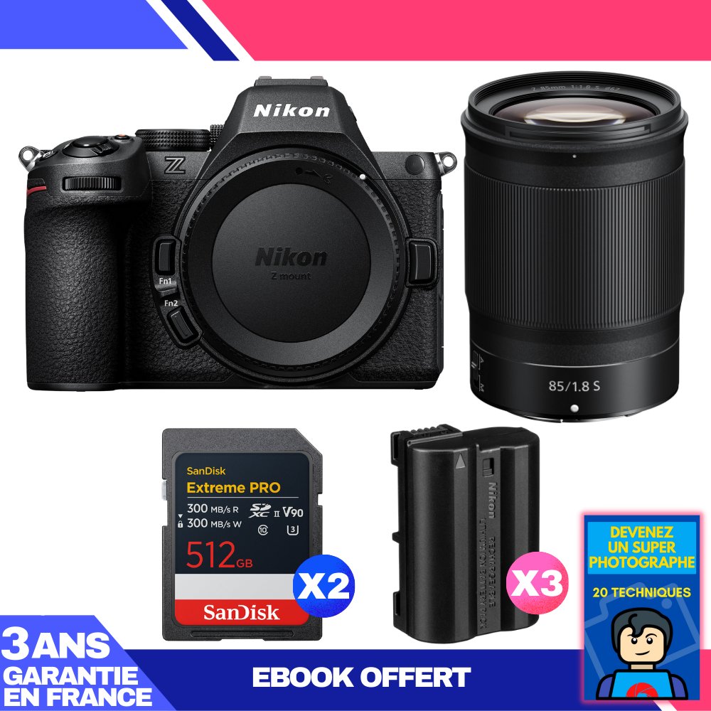 Nikon Z5 II Camera + 85mm f/1.8 S Lens + 2 SanDisk 512GB Extreme PRO UHS-II SDXC + 3 Nikon EN-EL15c Batteries + Ebook 'Devenez Un Super Photographe