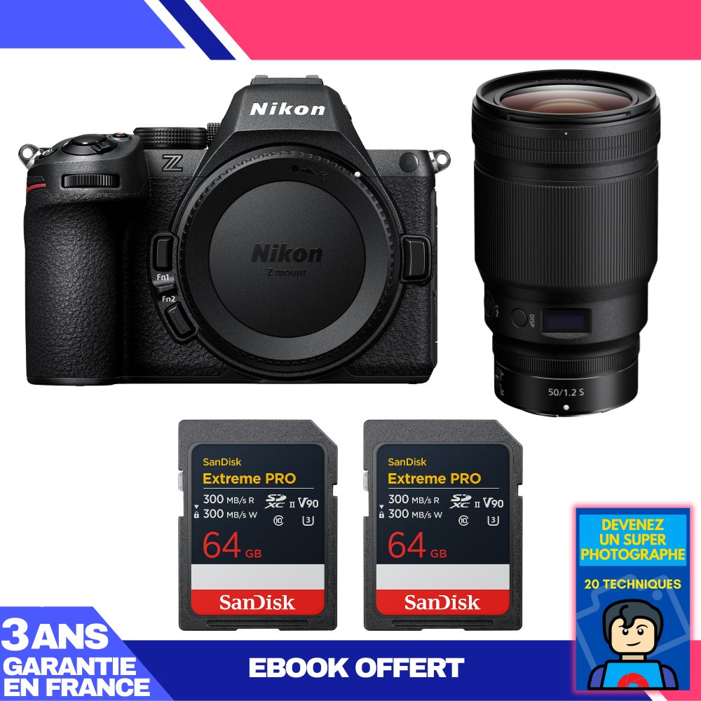 Appareil photo Nikon Z5 II + Objectif 50mm f/1.2 S + 2 Cartes mémoire SanDisk Extreme PRO UHS-II 64 Go + Ebook : 'Devenez un Photographe Suprême'