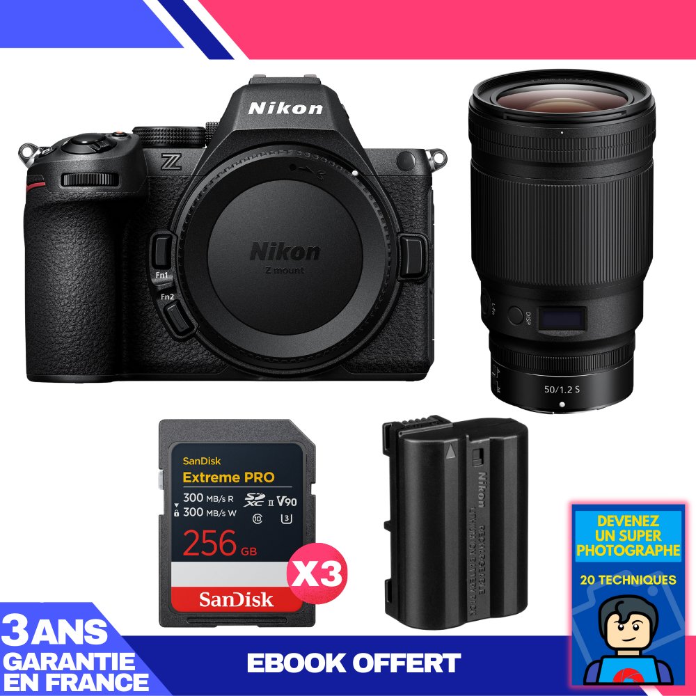 Nikon Z5 II + Lente 50mm f/1.2 S + 3 Tarjetas de Memoria SanDisk 256GB Extreme PRO UHS-II SDXC + Batería EN-EL15c + Libro Electrónico - Conviértase en un Fotógrafo Supremo
