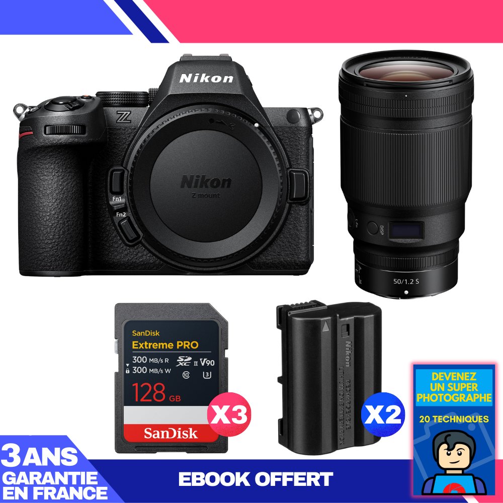 Cámara Nikon Z5 II + lente 50mm f/1.2 S + 3 tarjetas SanDisk 128GB Extreme PRO UHS-II SDXC + 2 baterías Nikon EN-EL15c + ebook 'Conviértete en un fotógrafo super'