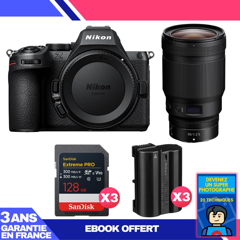 Cámara Nikon Z5 II + Lente 50 mm f/1.2 S + 3 Tarjetas de Memoria SanDisk 128 GB Extreme PRO UHS-II SDXC + 3 Baterías Nikon EN-EL15c + Ebook 'Conviértete en un Fotógrafo Súper