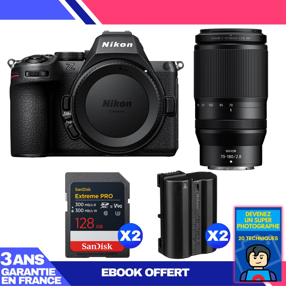 Nikon Z5 II Kit with 70-180mm f/2.8 Lens + 2x 128GB SD Cards + 2x EN-EL15c Batteries + Ebook