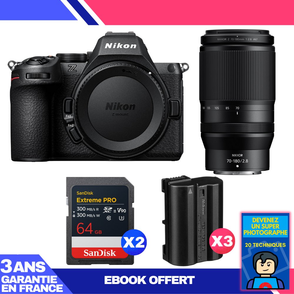 Nikon Z5 II Kit with 70-180mm f/2.8 Lens + 3x 64GB SanDisk Extreme PRO UHS-II SDXC Cards + 3 Nikon EN-EL15c Batteries + Ebook