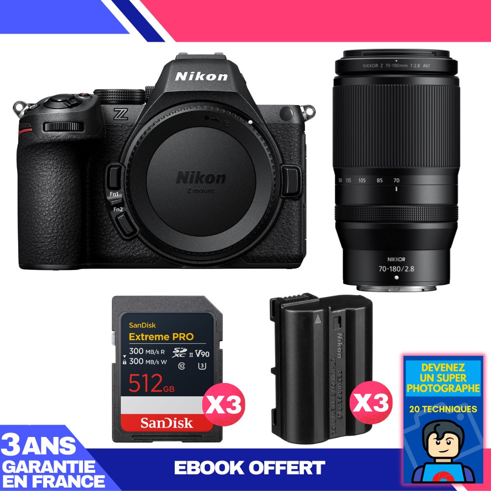 Nikon Z5 II Mirrorless Camera Kit with 70-180mm f/2.8 Lens + 3x 512GB SanDisk Extreme PRO UHS-II SDXC Cards + 3 EN-EL15c Batteries + Ebook